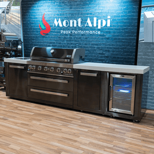 Mont Alpi Islands Mont Alpi 805 XL Black Stainless Steel Island with Fridge Cabinet / 6-Burner Grill, 2 Infrared Burners, Fridge, Storage Cabinet  / MAi805-BSSFCXL