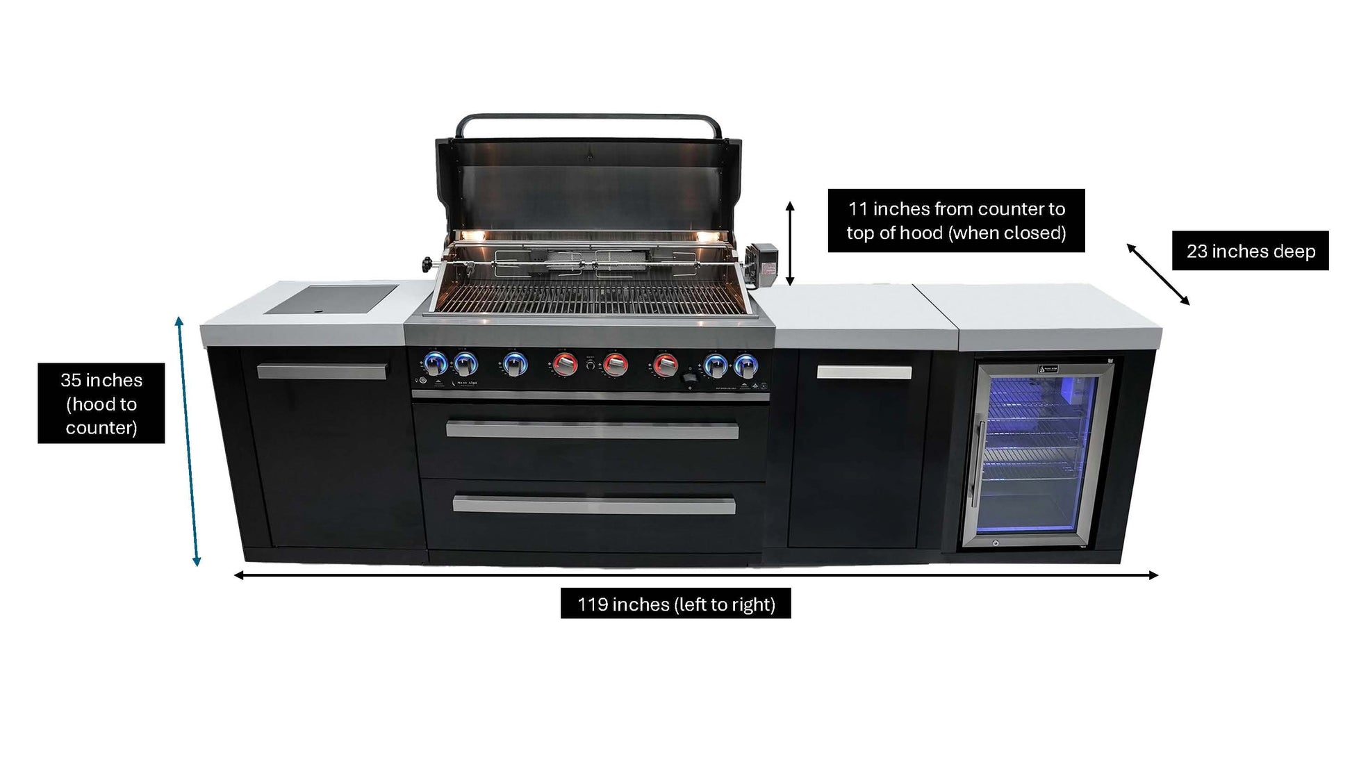 Mont Alpi Islands Mont Alpi 805 XL Black Stainless Steel Island with Fridge Cabinet / 6-Burner Grill, 2 Infrared Burners, Fridge, Storage Cabinet  / MAi805-BSSFCXL