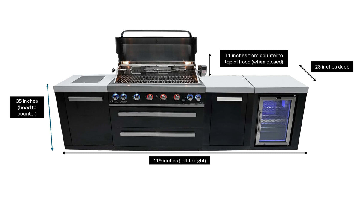 Mont Alpi Islands Mont Alpi 805 XL Black Stainless Steel Island with Fridge Cabinet / 6-Burner Grill, 2 Infrared Burners, Fridge, Storage Cabinet  / MAi805-BSSFCXL
