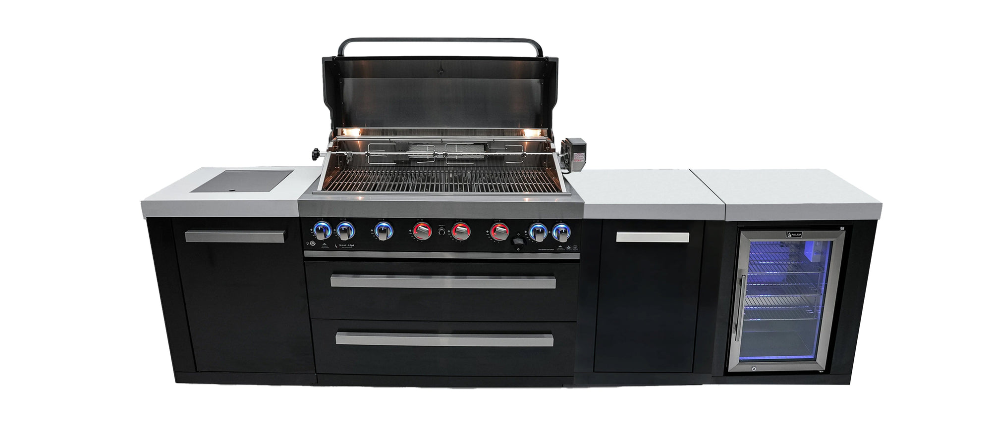 Mont Alpi Islands Mont Alpi 805 XL Black Stainless Steel Island with Fridge Cabinet / 6-Burner Grill, 2 Infrared Burners, Fridge, Storage Cabinet  / MAi805-BSSFCXL