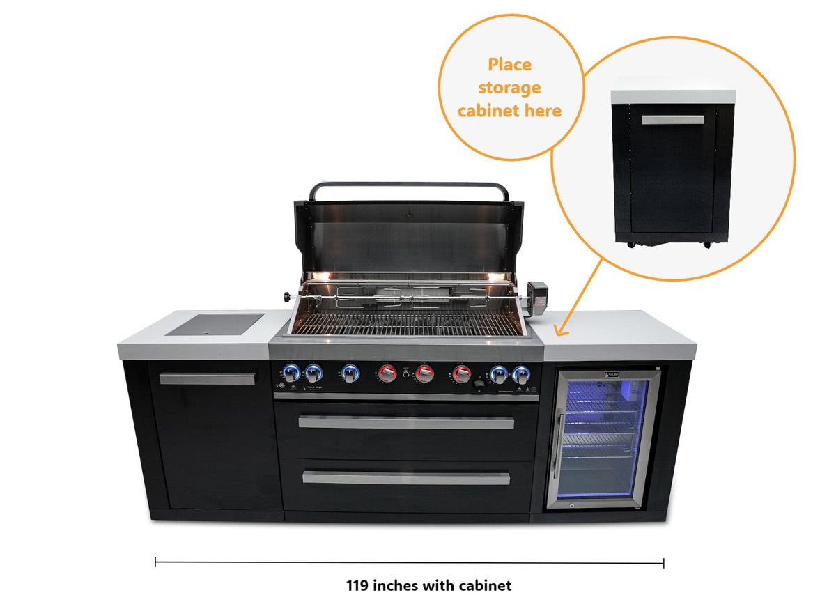 Mont Alpi Islands Mont Alpi 805 XL Black Stainless Steel Island with Fridge Cabinet / 6-Burner Grill, 2 Infrared Burners, Fridge, Storage Cabinet  /MAi805-BSSFCXL