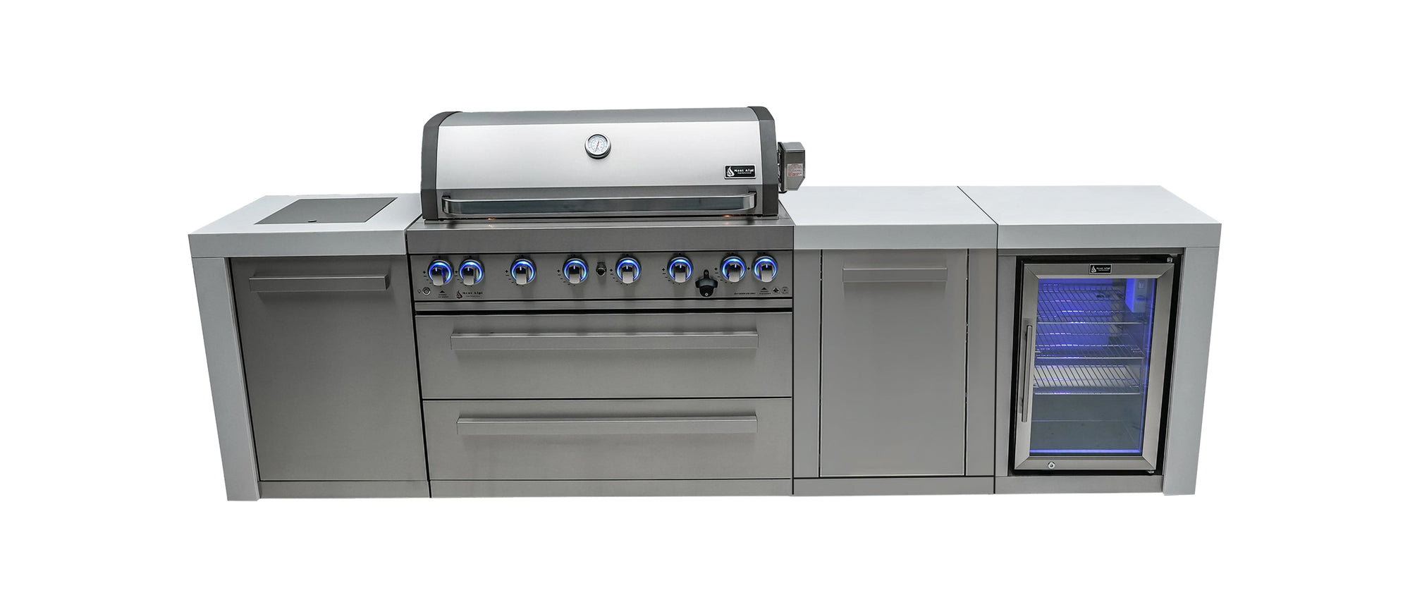 Mont Alpi Islands Mont Alpi 805 XL Deluxe Island with Fridge Cabinet / 6-Burner Grill, 2 Infrared Burners, Fridge, Storage Cabinet, Stainless Steel  / MAi805-DFCXL