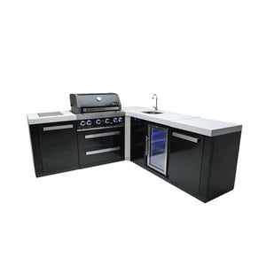 Mont Alpi 400 Black Stainless Steel Island with Beverage Center and 90 Degree Corner | 4-Burner Grill, Sink, Fridge | MAi400-BSS90BEV