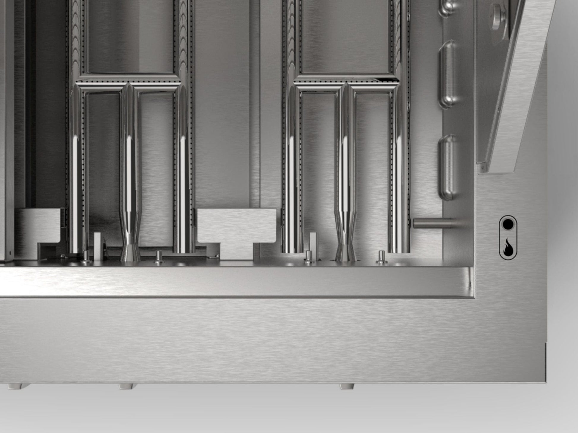 Stainless steel outdoor grill burner with sleek lines and grease droplet symbol, ideal for premium outdoor kitchens.