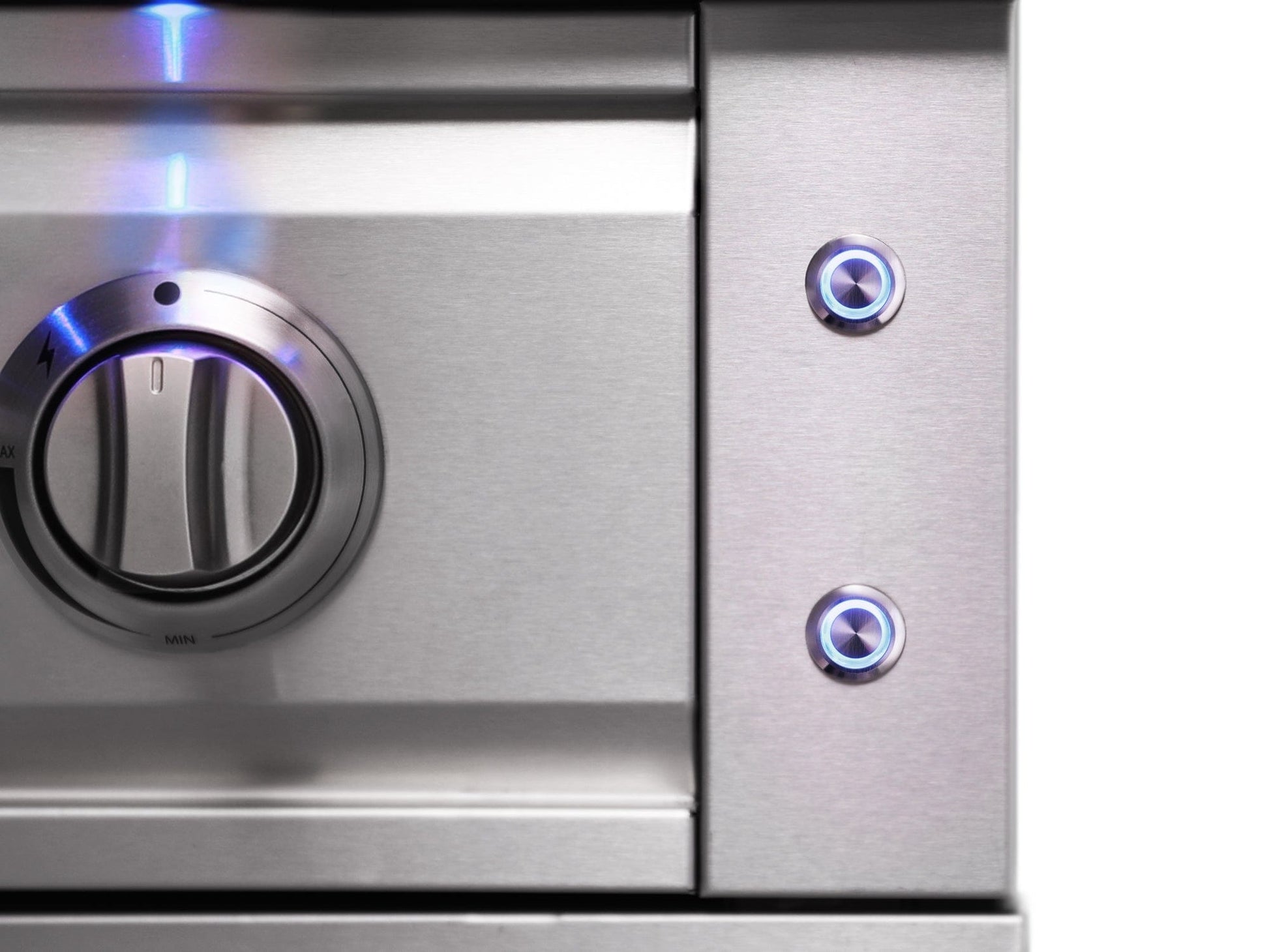 Sleek NewAge stainless steel outdoor kitchen control panel with illuminated knobs and premium finish.