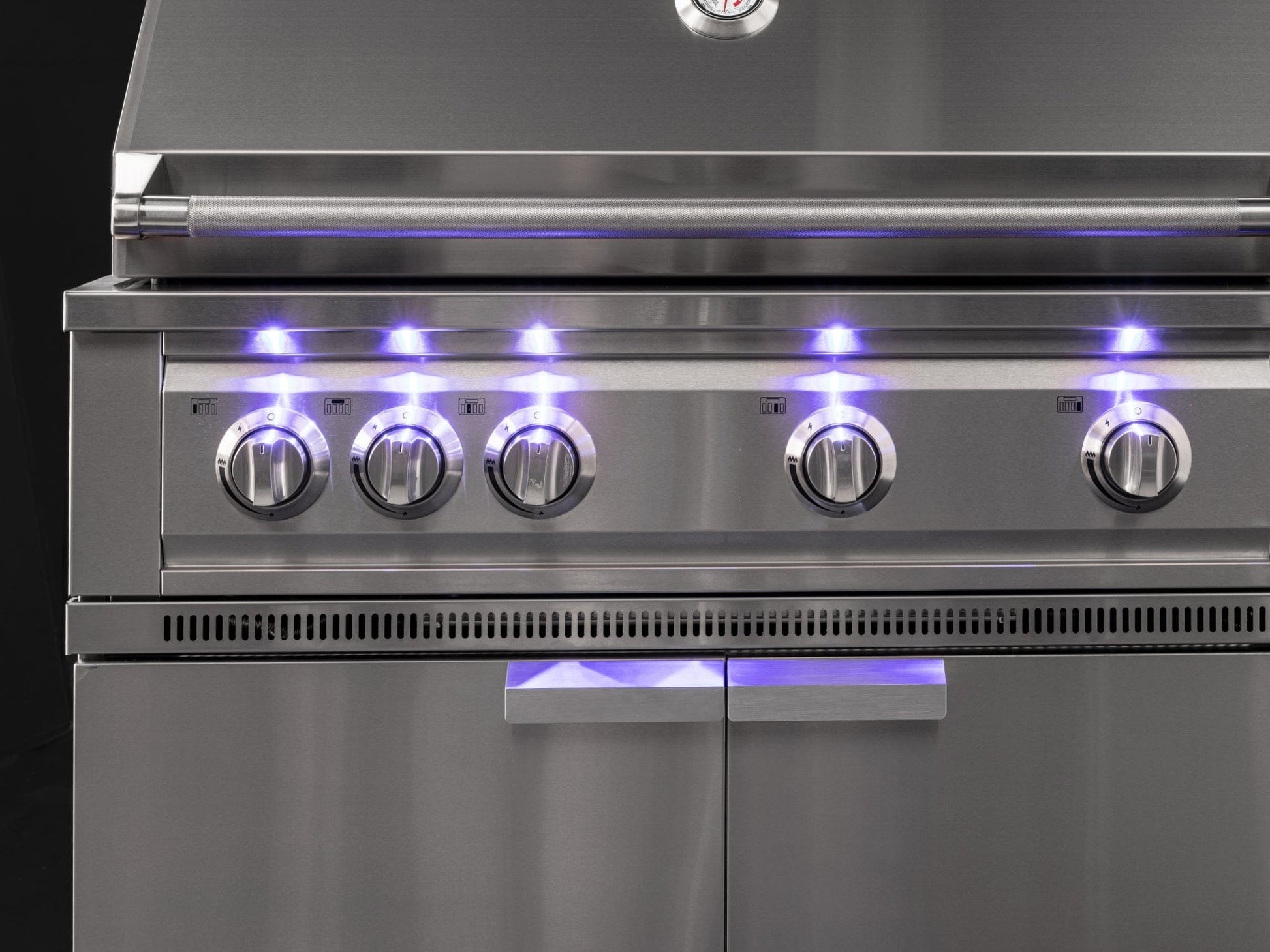 Sleek stainless steel grill with five blue-lit control knobs, ideal for upscale outdoor kitchens.