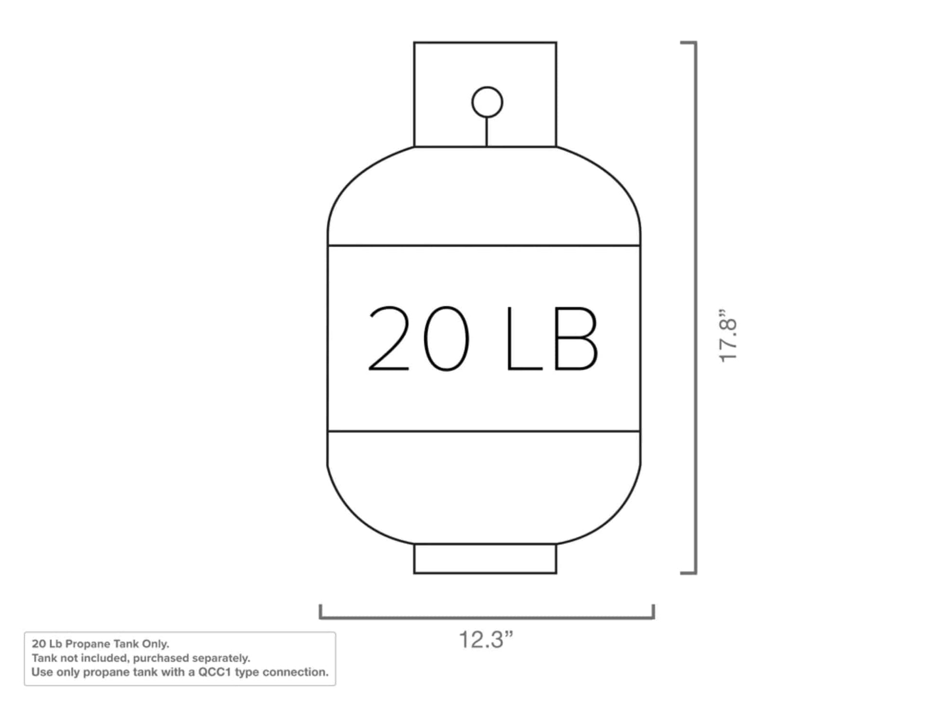 Premium 20 lb propane tank, 17.8" H x 12.3" W, ideal for modular outdoor kitchens and reliable grilling performance.