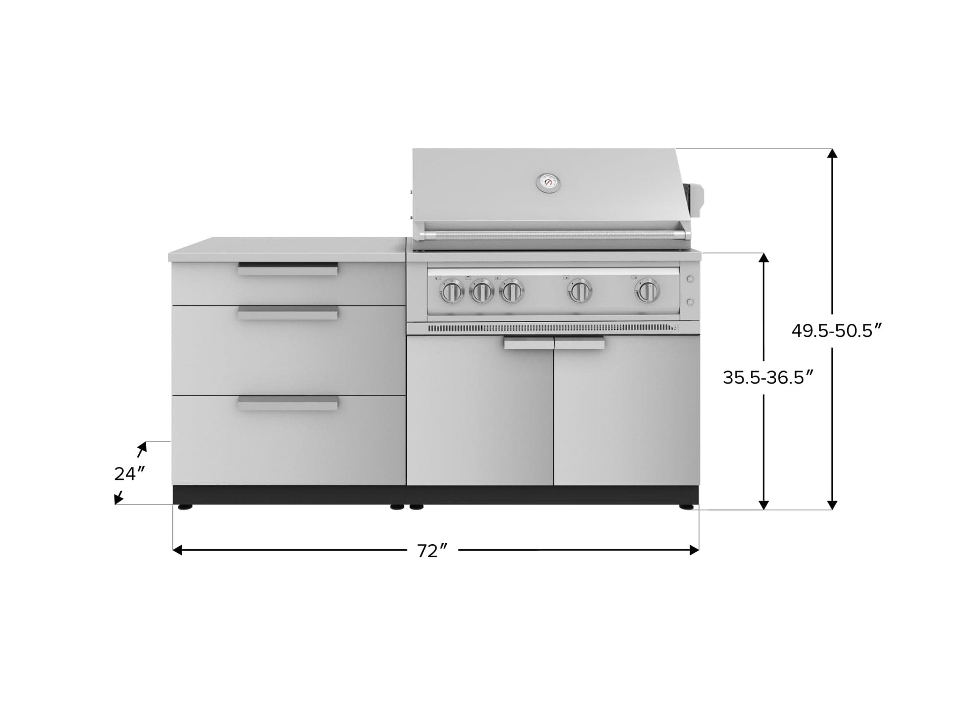 Stainless steel grill with side drawers, modular measurements, premium finish—ideal for custom outdoor kitchens.