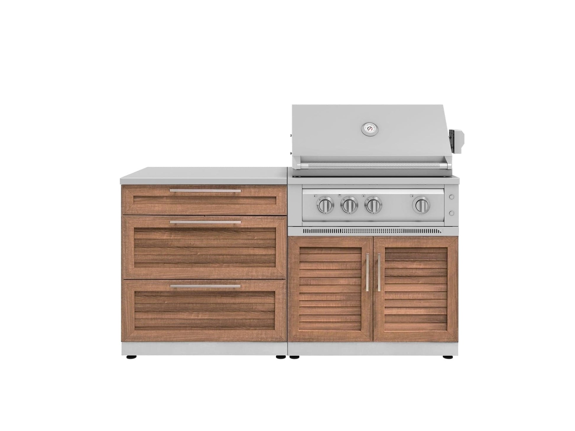 Modular outdoor kitchen island with stainless steel grill, lid open, and premium finish for backyard entertaining.