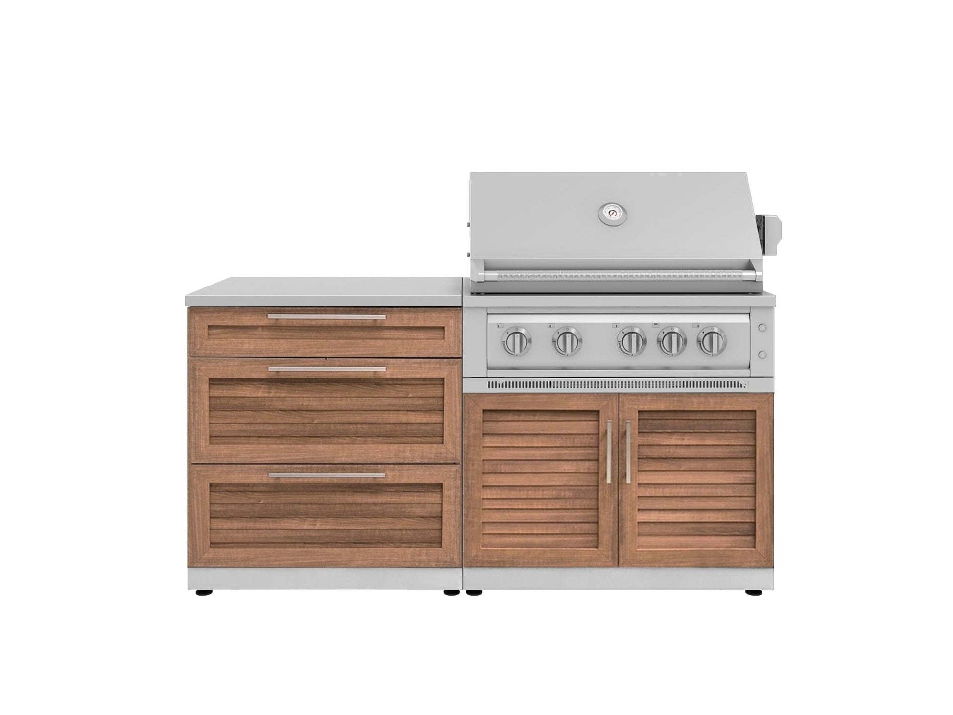 Outdoor stainless steel grill with open lid, modular cabinets and drawers, premium finish, front view.