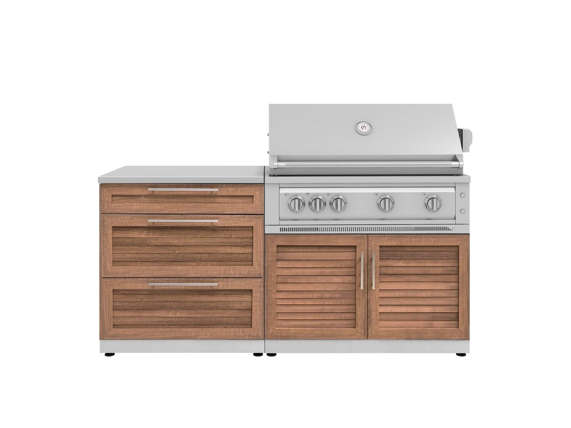 Outdoor stainless steel grill with modular kitchen, side cabinet, wood-paneled drawers, and open lid in stainless finish.