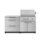 Premium stainless steel outdoor kitchen with 3 drawers, a grill with open lid, and sleek weather-resistant finish.