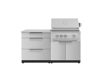 Premium stainless steel outdoor kitchen with 3 drawers, a grill with open lid, and sleek weather-resistant finish.