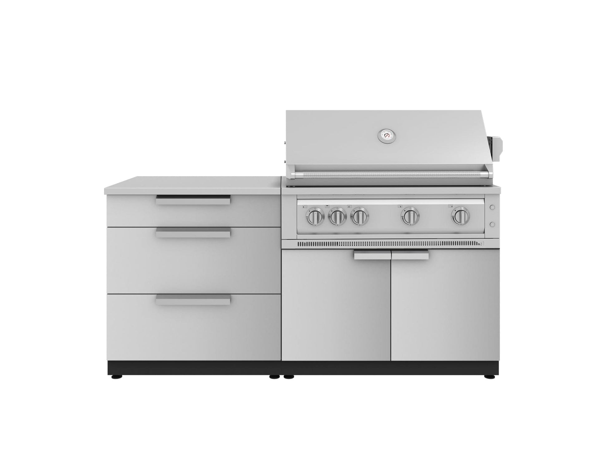 Stainless steel outdoor grill with 4 burners, raised lid, side cabinets, and modular kitchen design.