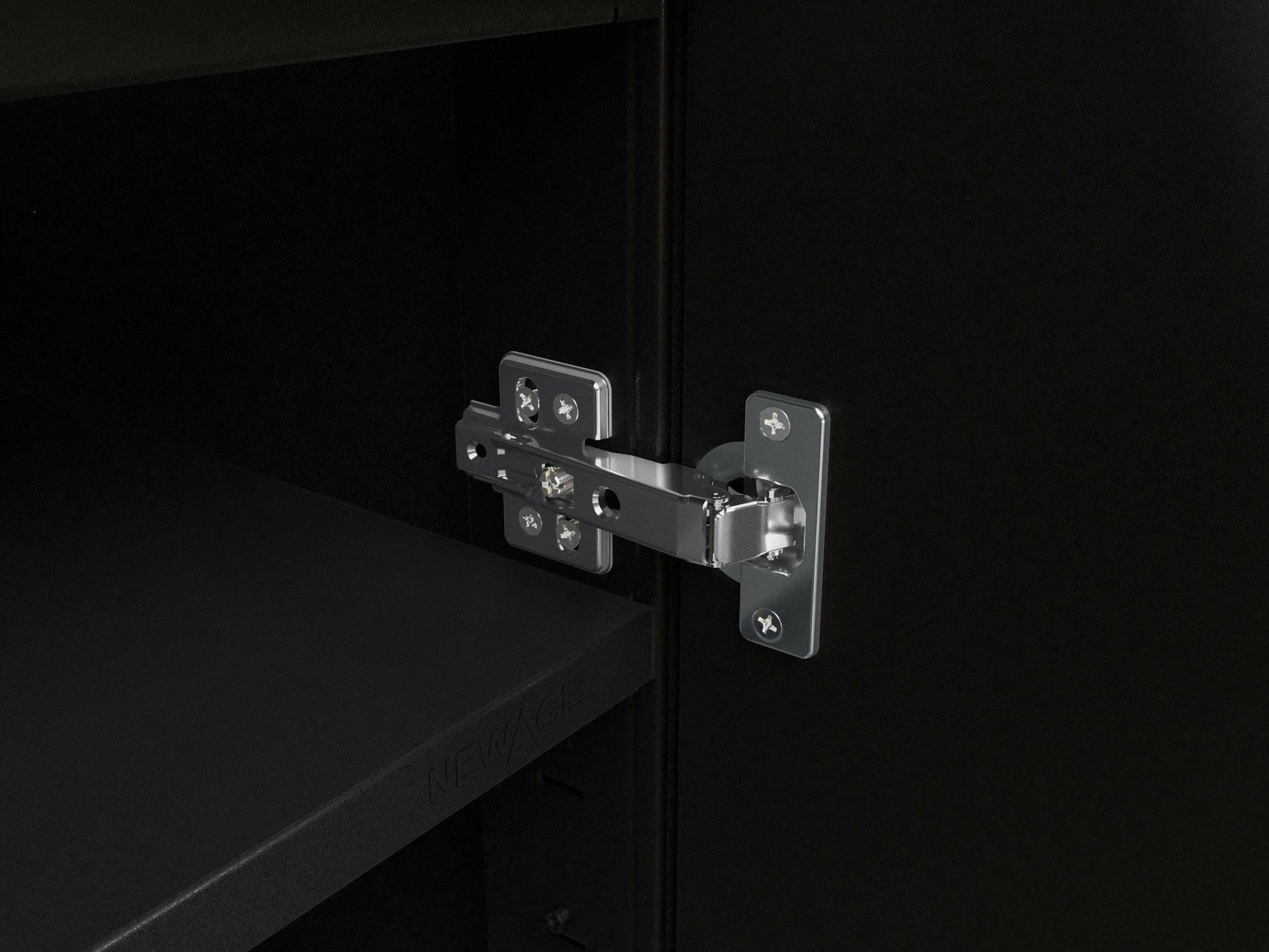 Close-up of a NewAge silver hinge on black door, showcasing durable stainless steel finish for outdoor kitchen cabinets.