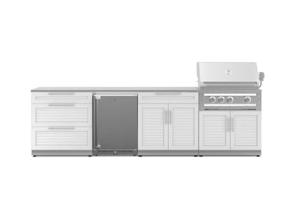 NewAge Products Classic Series Grill Island - 7PC Modular Outdoor Kitchen with Platinum Grill, Drawer Cabinet, Bar Cabinet, and Fridge Cabinet | C-DRBAFR