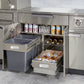 Stainless steel kitchen drawers with built-in trash bins and drink storage, perfect for luxury outdoor kitchens.