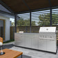 Premium outdoor kitchen with stainless steel grill, modular cabinets, and sink under a covered patio.