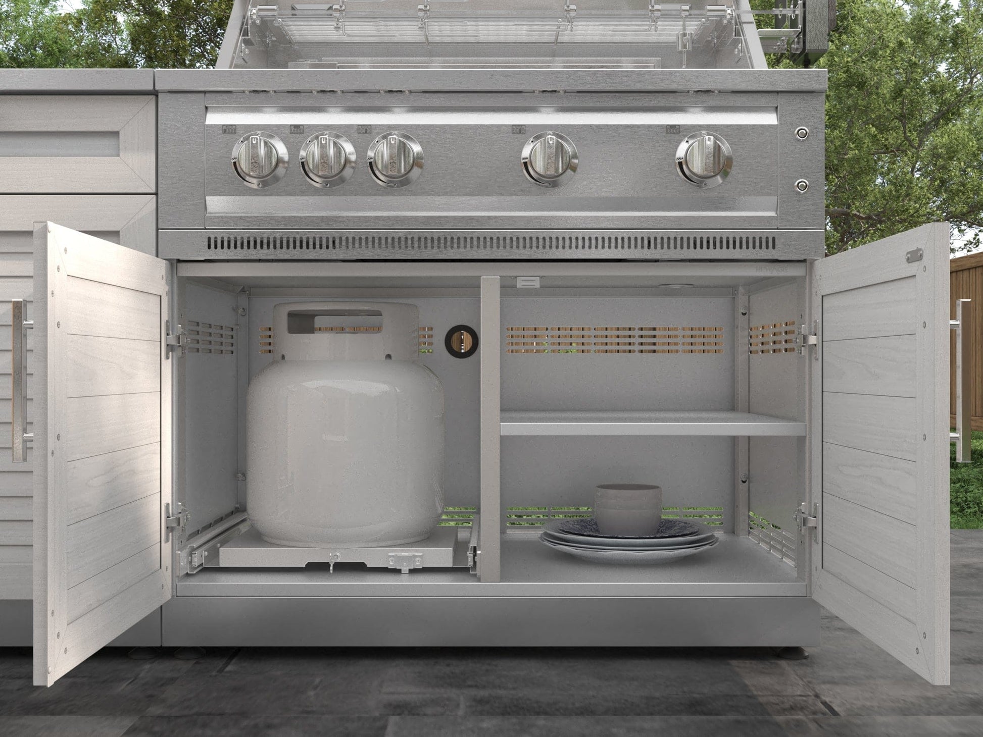 Outdoor grill with open storage, modular cabinets, burners, and sink for a flexible premium outdoor kitchen setup.