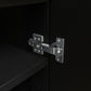 Premium NewAge stainless steel hinge detail inside black outdoor kitchen cabinet, sleek modular design.