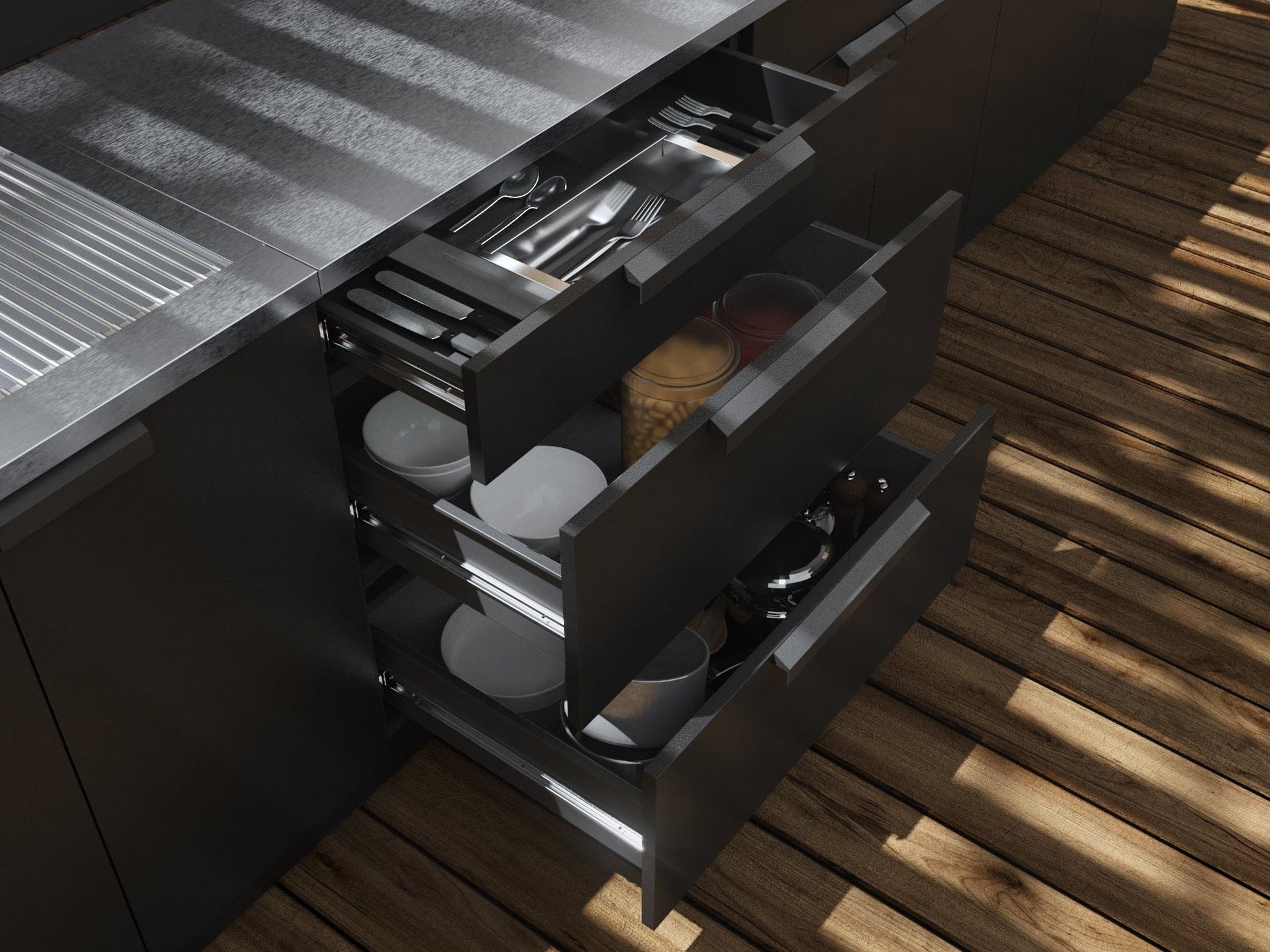 Organized utensils in open drawers, stainless cabinets, and metal countertop for a premium outdoor kitchen.