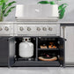 Outdoor stainless steel grill with modular cabinets, open shelf propane tank, and premium weather-resistant finish.