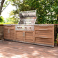 Premium outdoor kitchen with stainless steel grill, modular cabinets, wood deck, and potted plant accents.