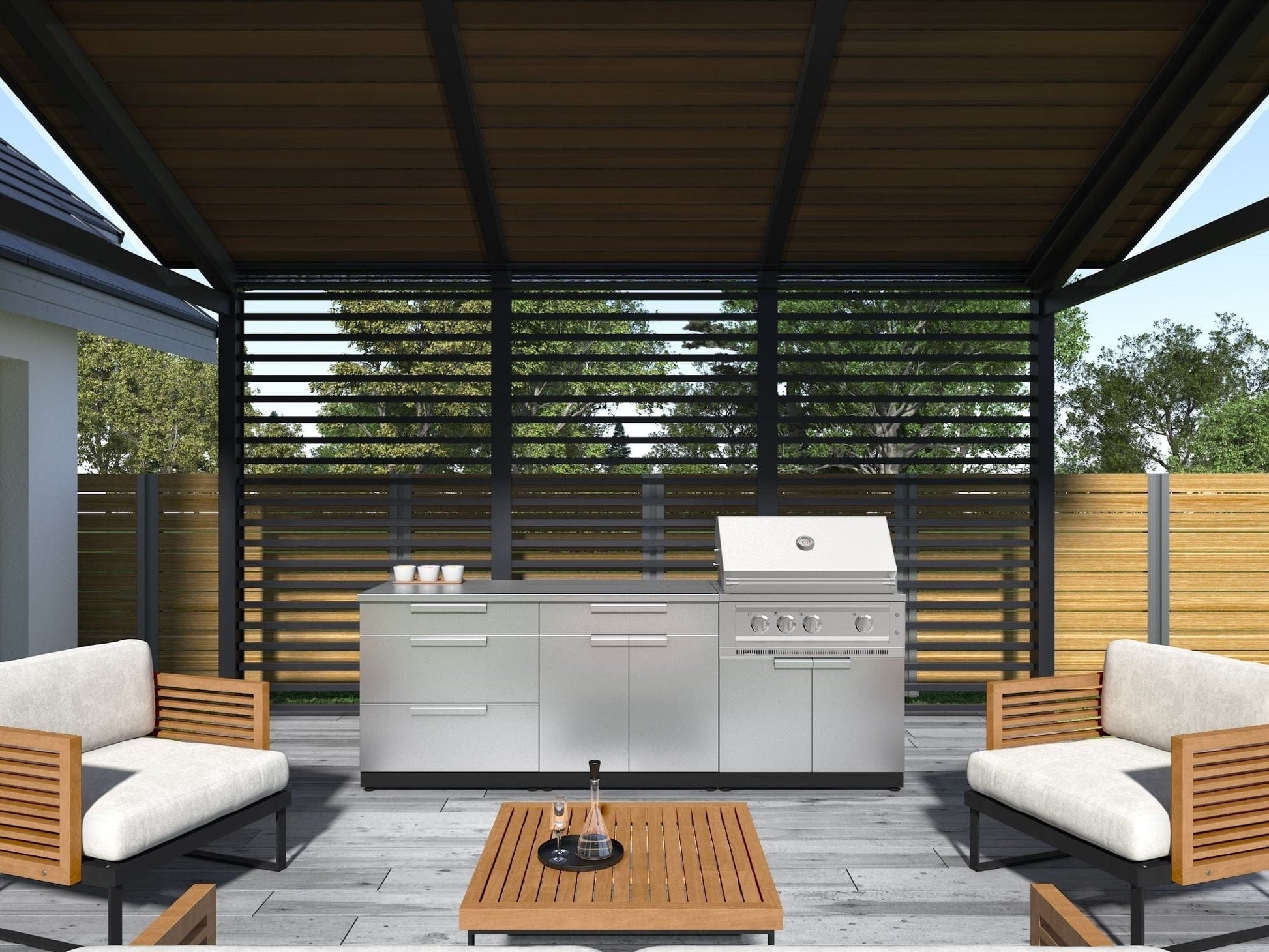 Premium outdoor kitchen with grill, sink, stainless steel cabinets, fridge, patio seating, and pergola.