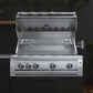 Stainless steel grill with open lid in a modular outdoor kitchen, features dark cabinets and sleek finish.