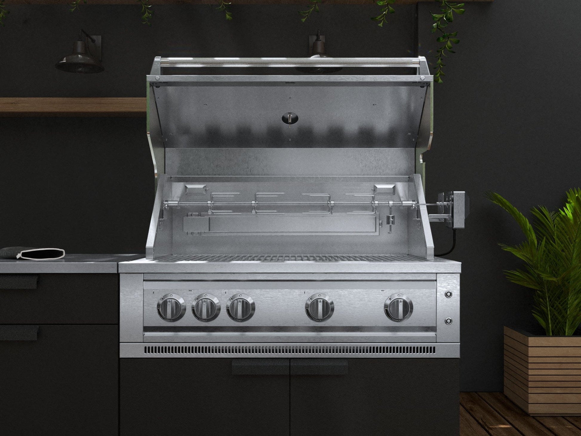 Stainless steel grill with open lid in a modular outdoor kitchen, features dark cabinets and sleek finish.