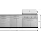 Modular outdoor kitchen set with stainless steel cabinets, grill, drawers, labeled dimensions, premium finish.