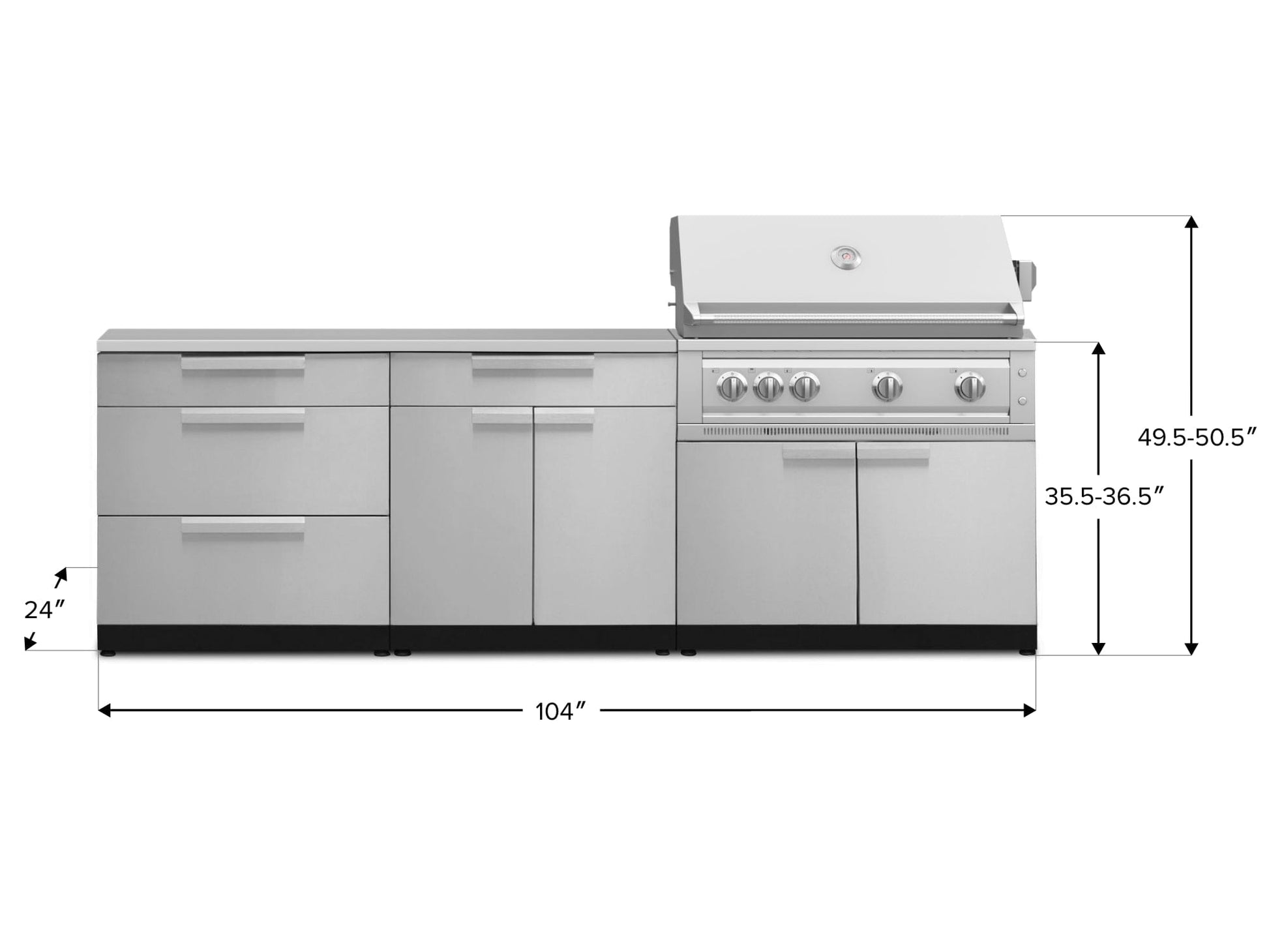 Modular outdoor kitchen set with stainless steel cabinets, grill, drawers, labeled dimensions, premium finish.