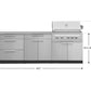 Stainless steel 100"W x 24"D modular outdoor kitchen grill with clear height markings for easy installation.