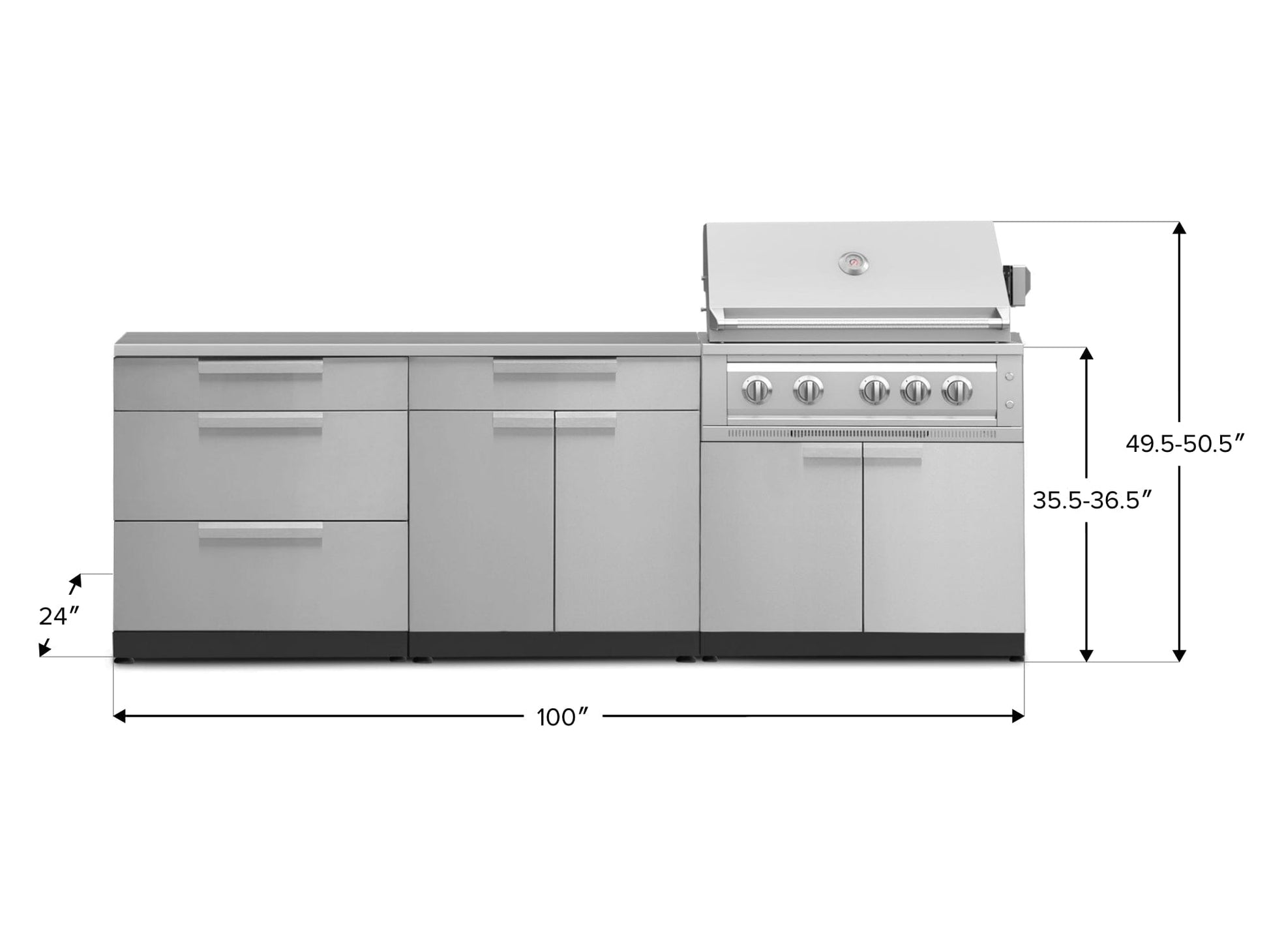Stainless steel 100"W x 24"D modular outdoor kitchen grill with clear height markings for easy installation.