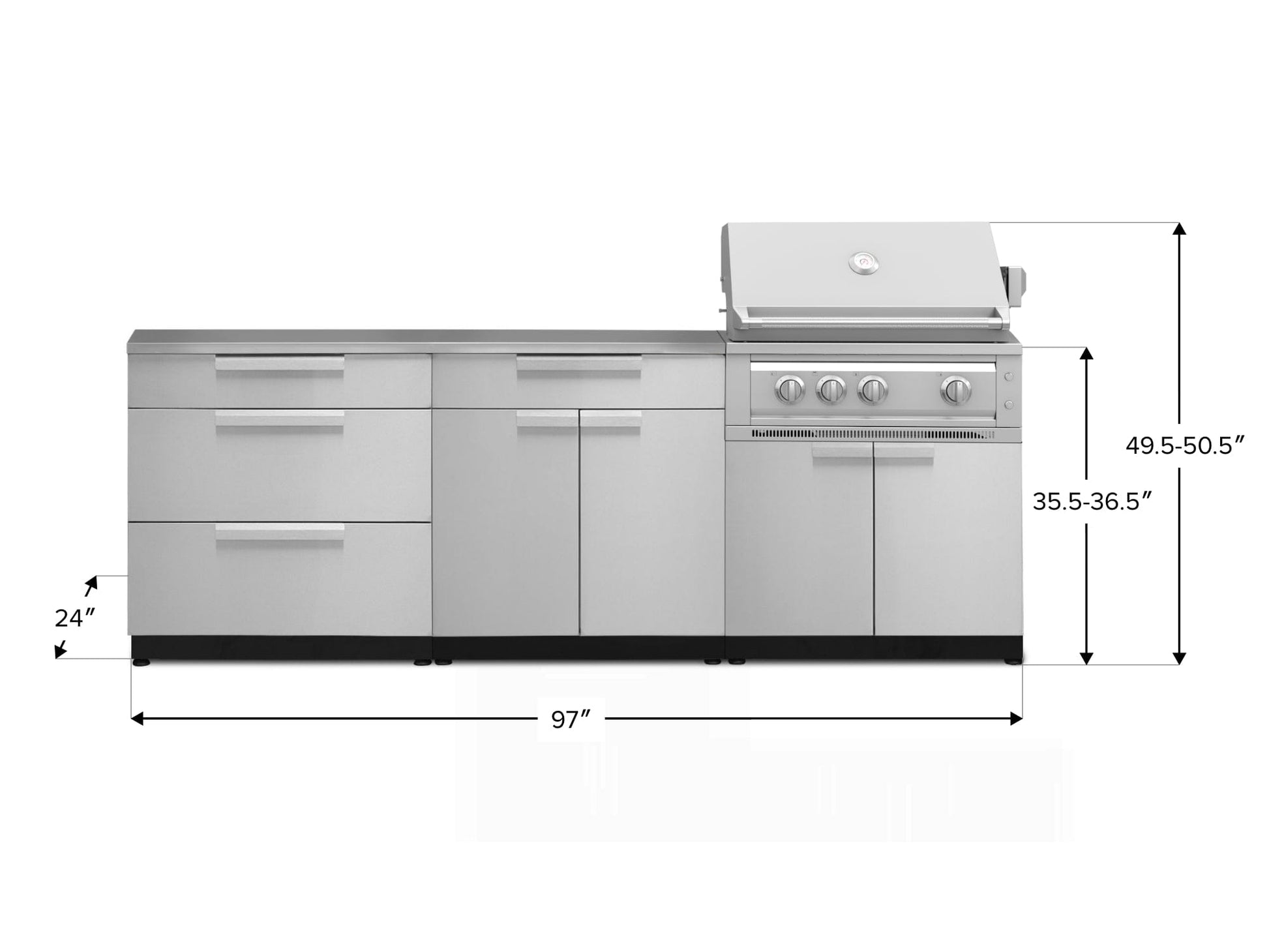 Premium stainless steel modular outdoor kitchen, grill, cabinets; 97"x24"x36"H. Adjustable height.