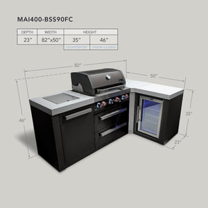 Mont Alpi 400 Black Stainless Steel Island with Fridge Cabinet and 90 Degree Corner | 4-Burner Grill, Fridge | MAi400-BSS90FC