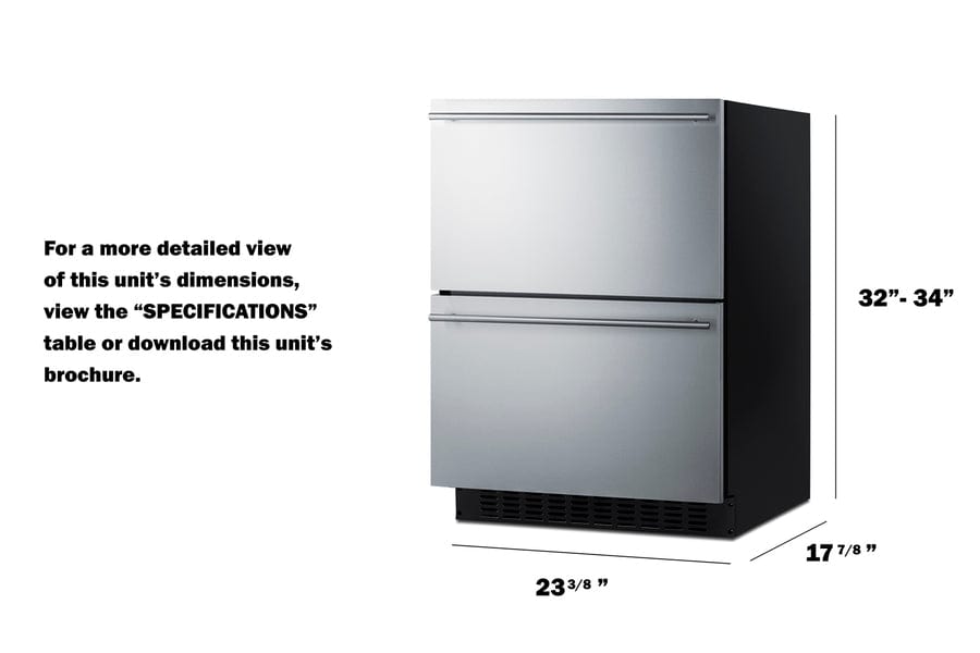 Summit Refrigeration + Cooling Summit 24&quot; Wide 2-Drawer All-Refrigerator / 3.1 cu.ft. Capacity, ADA Compliant Design, Adjustable Height, Built-In Capable, Stainless Steel Drawers, Panel-Ready Drawer Fronts, Professional Handles, Frost-Free / ASDR2414