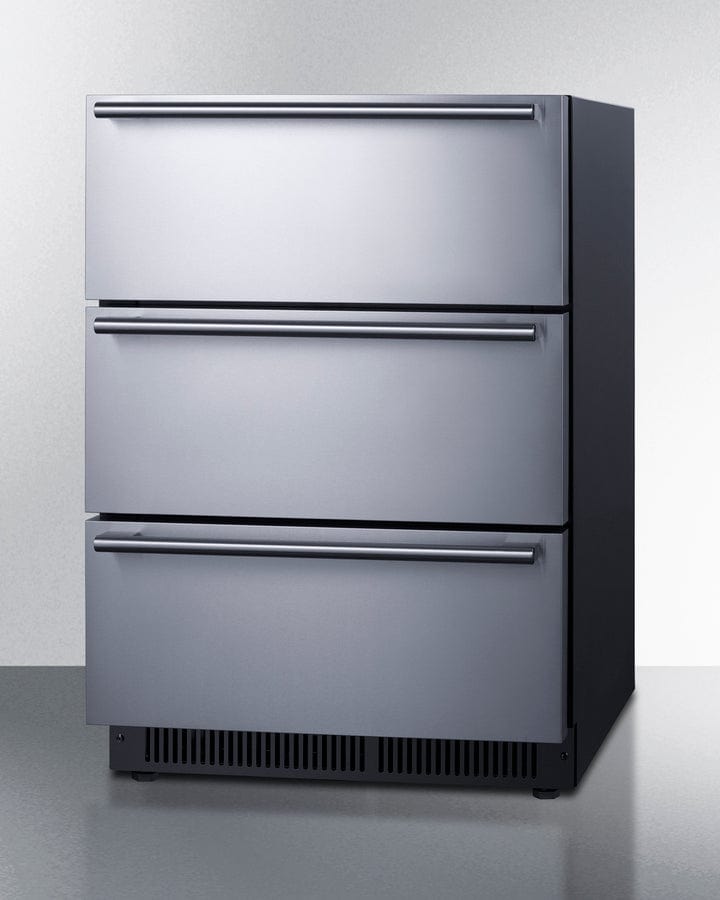 Summit Refrigeration + Cooling Summit 24" Wide Built-In 3-Drawer Outdoor All-Refrigerator with Stainless Steel Fronts and Black Cabinet / SP6DS3DOS