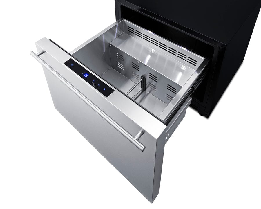 Summit Refrigeration + Cooling Summit 24" Wide Built-In Drawer Refrigerator / 2.0 cu.ft. Capacity, Panel-ready Drawer Front, 304 Grade Stainless Steel Drawer, Digital Thermostat, LED Lighting, Drawer divider / SDR24