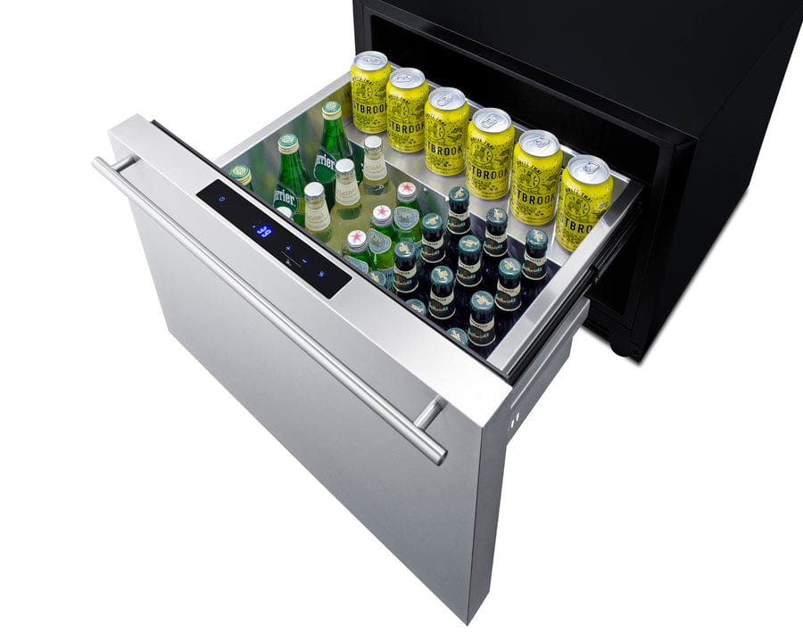 Summit Refrigeration + Cooling Summit 24" Wide Built-In Drawer Refrigerator / 2.0 cu.ft. Capacity, Panel-ready Drawer Front, 304 Grade Stainless Steel Drawer, Digital Thermostat, LED Lighting, Drawer divider / SDR24