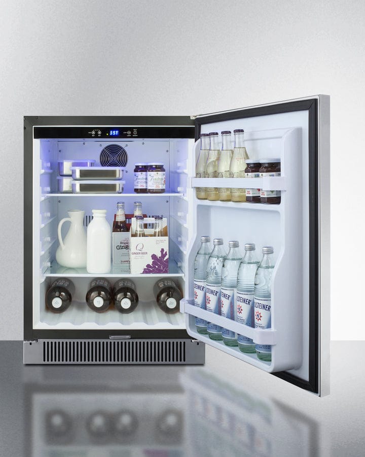 Summit Refrigeration + Cooling Summit 24&quot; Wide Built-In Outdoor All-Refrigerator / 4.6 cu.ft. Capacity, Stainless Steel Door, Frost-Free Operation, White Interior, Factory Installed Lock, Adjustable Glass Shelves / SPR623OS