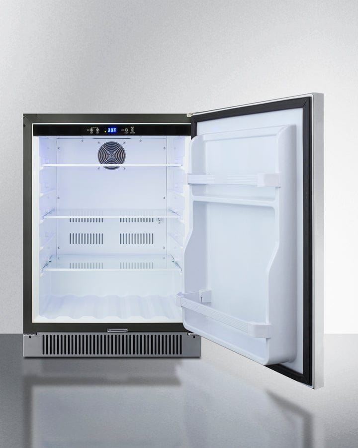 Summit Refrigeration + Cooling Summit 24&quot; Wide Built-In Outdoor All-Refrigerator / 4.6 cu.ft. Capacity, Stainless Steel Door, Frost-Free Operation, White Interior, Factory Installed Lock, Adjustable Glass Shelves / SPR623OS