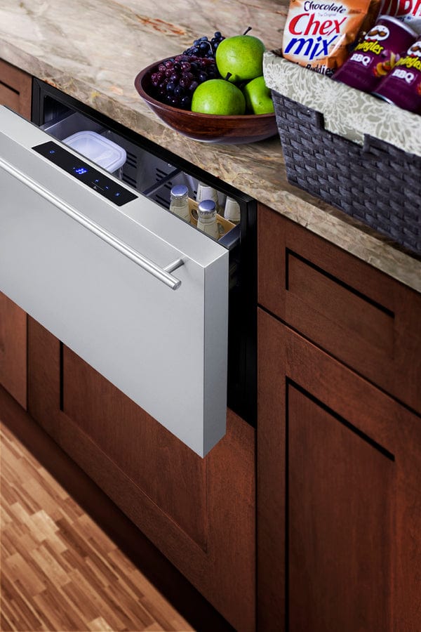 Summit Refrigeration + Cooling Summit 24" Wide Built-In Outdoor Drawer Refrigerator / 2.0 cu.ft. Capacity, Panel-ready Drawer Front, 304 Grade Stainless Steel Drawer, Digital Thermostat, LED Lighting / SDR241OS