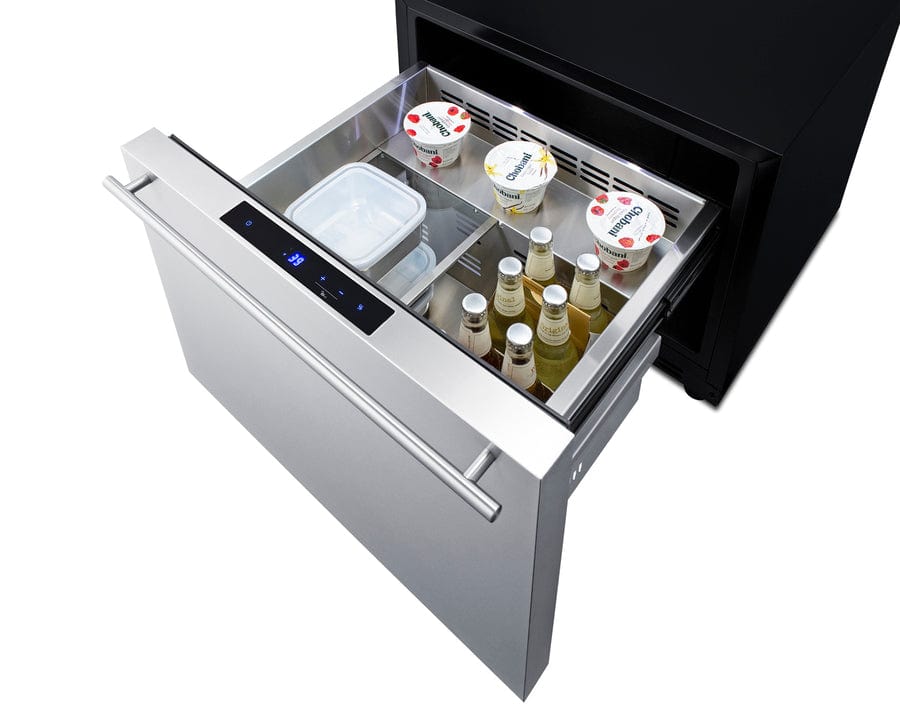 Summit Refrigeration + Cooling Summit 24" Wide Built-In Outdoor Drawer Refrigerator / 2.0 cu.ft. Capacity, Panel-ready Drawer Front, 304 Grade Stainless Steel Drawer, Digital Thermostat, LED Lighting / SDR241OS