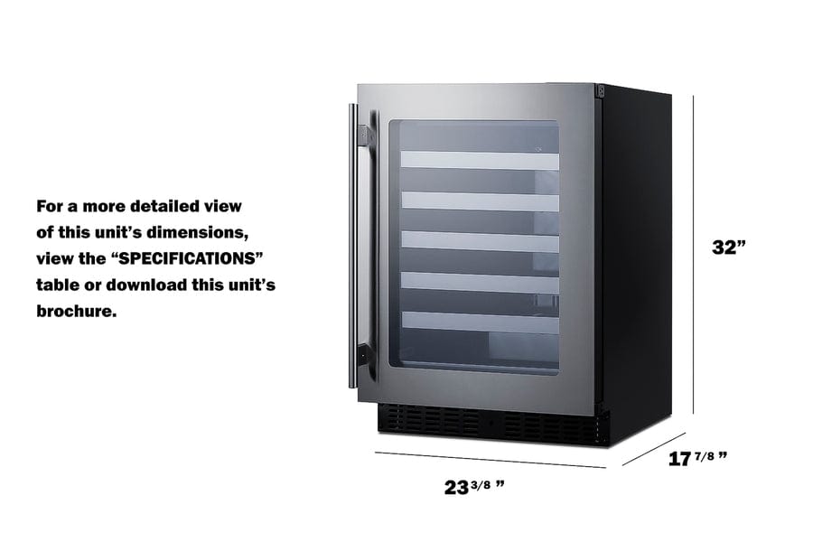 Summit Refrigeration + Cooling Summit 24&quot; Wide Built-In Wine Cellar / 3.25 cu.ft. Capacity, ADA Compliant Design, Adjustable Height, Stainless Steel Interior, Double Pane Tempered Glass Door, Seamless Stainless Steel Door Trim, Factory Installed Lock / ASDW2412