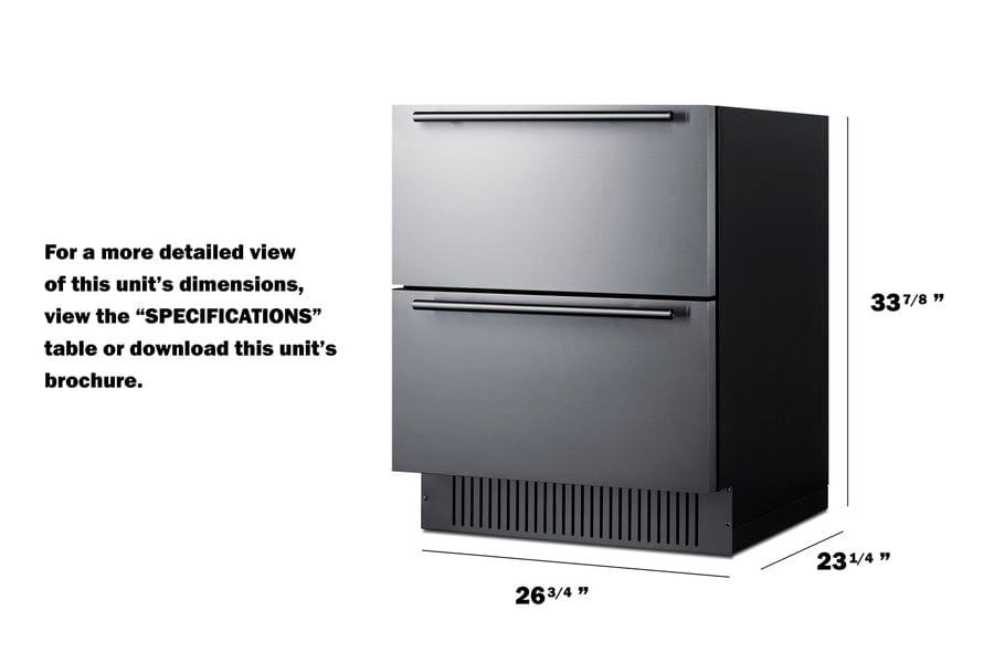 Summit Refrigeration + Cooling Summit 27&quot; Wide 2-Drawer All-Refrigerator / 4.83 cu.ft. Capacity, Stainless Steel Drawers,  Panel-Ready Drawer Fronts, Wide Temperature Range, Professional Handles / SPR275OS2D