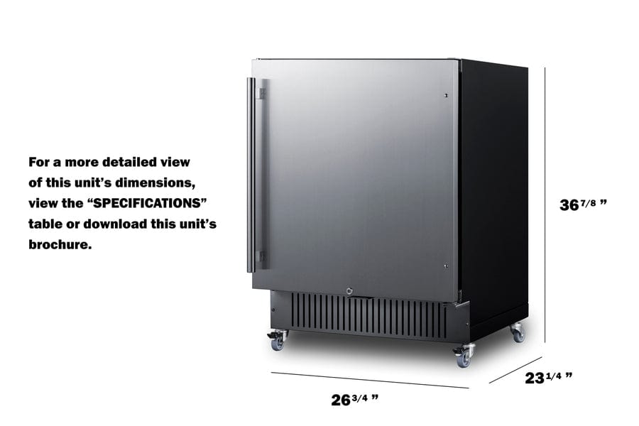 Summit Refrigeration + Cooling Summit 27” Wide Mobile All-Refrigerator / 4.98 cu.ft. Capacity, Built-In Capable, Digital Control Panel, Factory Installed Lock, Stainless Steel Door, White Interior, Adjustable Shelving / FF27BSSCAS