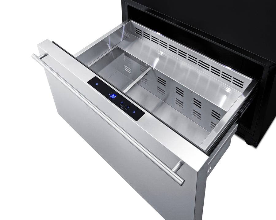 Summit Refrigeration + Cooling Summit 30" Wide Built-In Outdoor Drawer Refrigerator / 2.5 cu.ft. Capacity, Panel-ready Drawer Front, 304 Grade Stainless Steel Drawer, Digital Thermostat, LED Lighting / SDR301OS