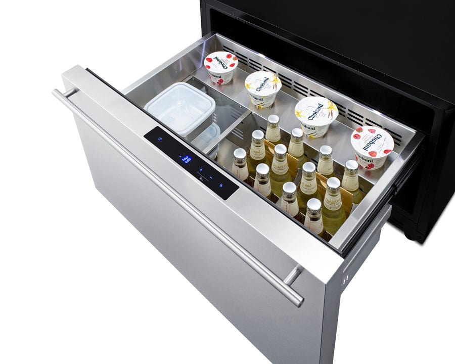 Summit Refrigeration + Cooling Summit 30" Wide Built-In Outdoor Drawer Refrigerator / 2.5 cu.ft. Capacity, Panel-ready Drawer Front, 304 Grade Stainless Steel Drawer, Digital Thermostat, LED Lighting / SDR301OS