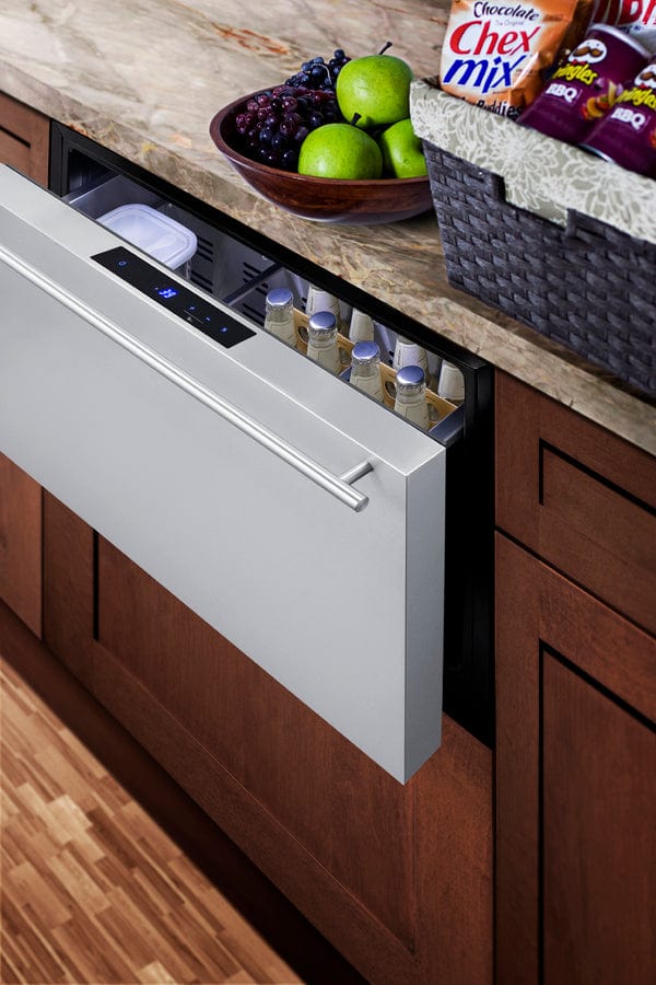 Summit Refrigeration + Cooling Summit 30" Wide Built-In Outdoor Drawer Refrigerator / 2.5 cu.ft. Capacity, Panel-ready Drawer Front, 304 Grade Stainless Steel Drawer, Digital Thermostat, LED Lighting / SDR301OS